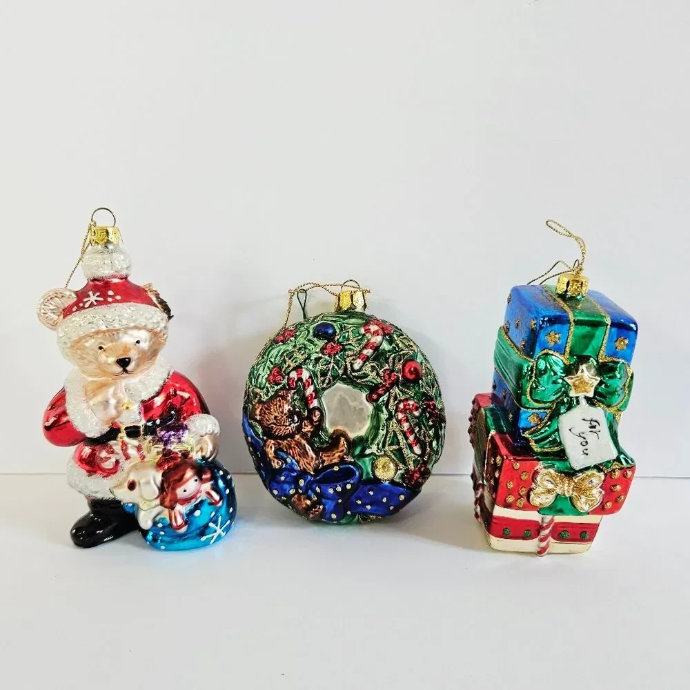 Vintage Brass Key Hand-Painted Glass Christmas Ornaments Bear Wreath Gift Stack